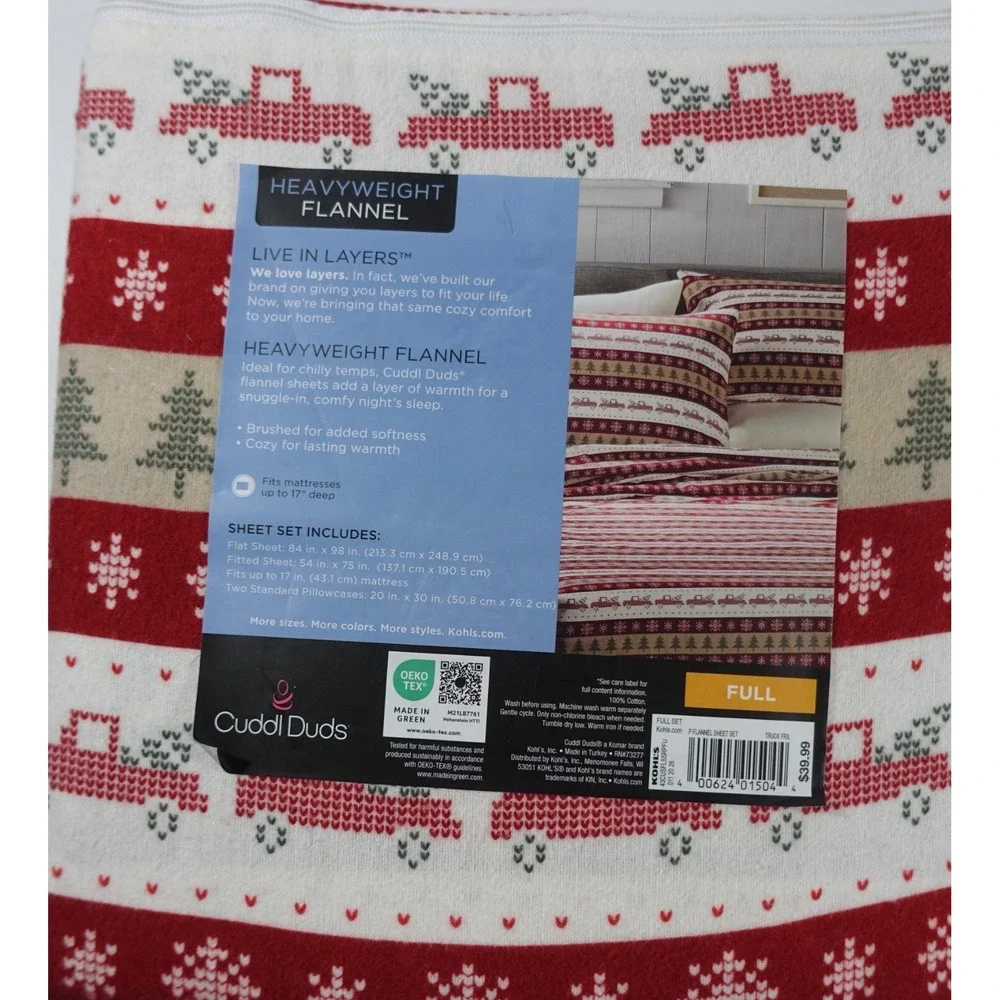 Cuddl Duds Full Sheet Set Heavyweight Flannel Truck Fairisle Red White New